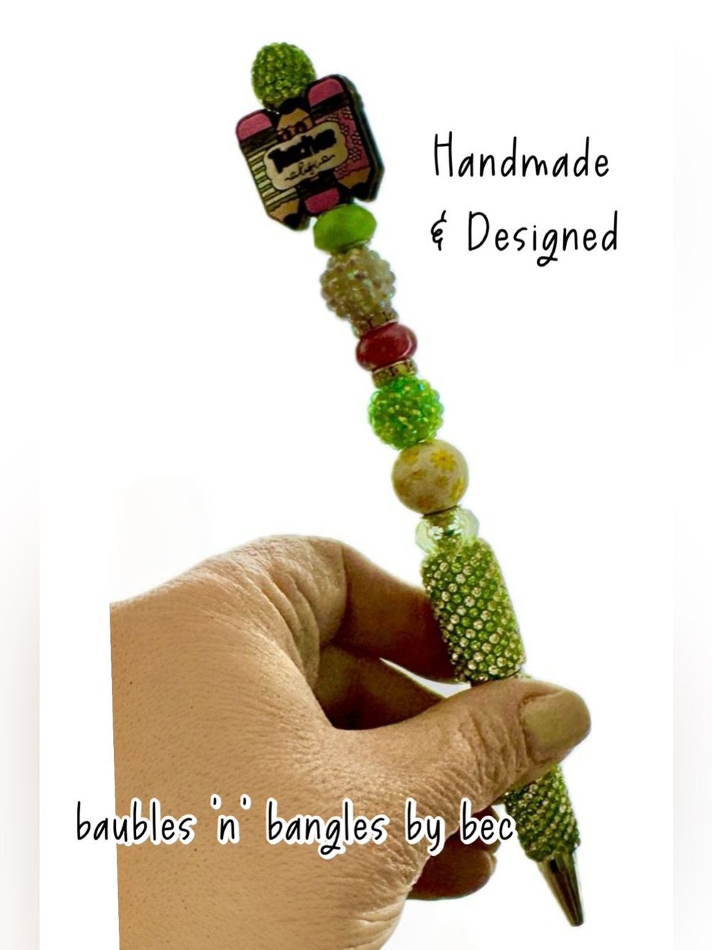 Handmade Beaded Pen “Teacher Theme” in Lime Green with Pink Accents